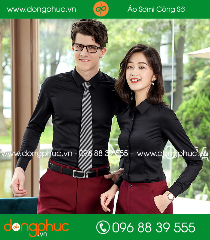 Đồng phục áo sơ mi màu đen quần đỏ đô